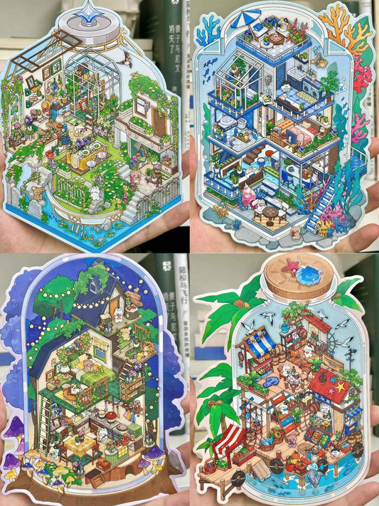 Fun Cottage – 3D Miniature Sticker Scenes - 4 Theme Sets: Seaside Market | Deep Sea Station | Garden Restaurant | Starry Sky Hotel