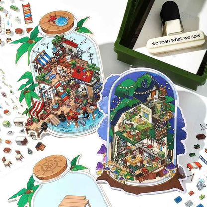 Fun Cottage – 3D Miniature Sticker Scenes - 4 Theme Sets: Seaside Market | Deep Sea Station | Garden Restaurant | Starry Sky Hotel