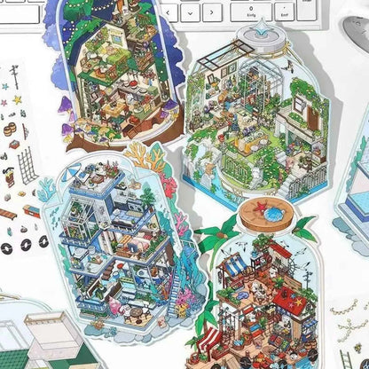 Fun Cottage – 3D Miniature Sticker Scenes - 4 Theme Sets: Seaside Market | Deep Sea Station | Garden Restaurant | Starry Sky Hotel