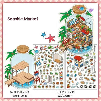 Fun Cottage – 3D Miniature Sticker Scenes - 4 Theme Sets: Seaside Market | Deep Sea Station | Garden Restaurant | Starry Sky Hotel
