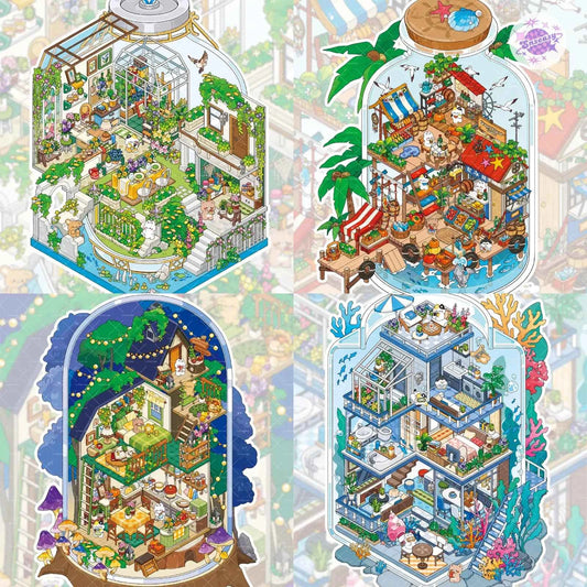 Fun Cottage – 3D Miniature Sticker Scenes - 4 Theme Sets: Seaside Market | Deep Sea Station | Garden Restaurant | Starry Sky Hotel