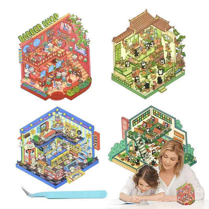 Cute Animal 18.0 – 3D Miniature Sticker Scenes - 4 Theme Sets: Penguin Restaurant | Mini Hair Salon | Puppy Arcade | Penguin Teahouse