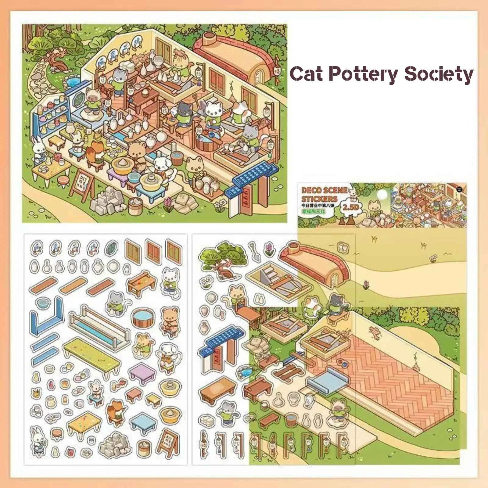 Cute Cat – 3D Miniature Sticker Scenes - 4 Theme Sets: Cat Pottery Society | Cat Sushi House | Cat Ceramic Workshop | Cat Fish Farm