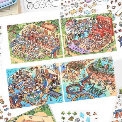 Cute Cat – 3D Miniature Sticker Scenes - 4 Theme Sets: Cat Pottery Society | Cat Sushi House | Cat Ceramic Workshop | Cat Fish Farm
