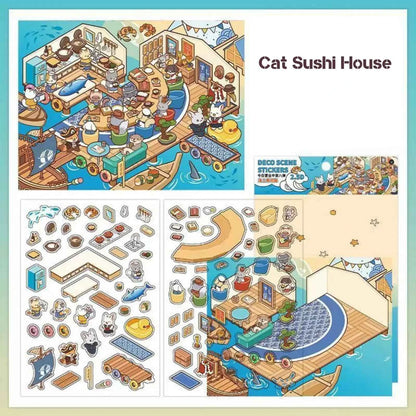 Cute Cat – 3D Miniature Sticker Scenes - 4 Theme Sets: Cat Pottery Society | Cat Sushi House | Cat Ceramic Workshop | Cat Fish Farm