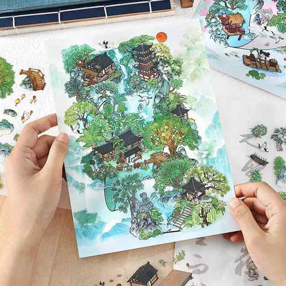 Mountain and Water Series – Plus 3D Miniature Sticker Scenes - 2 Theme Sets: Mountain Peach Blossoms | Forest Trees