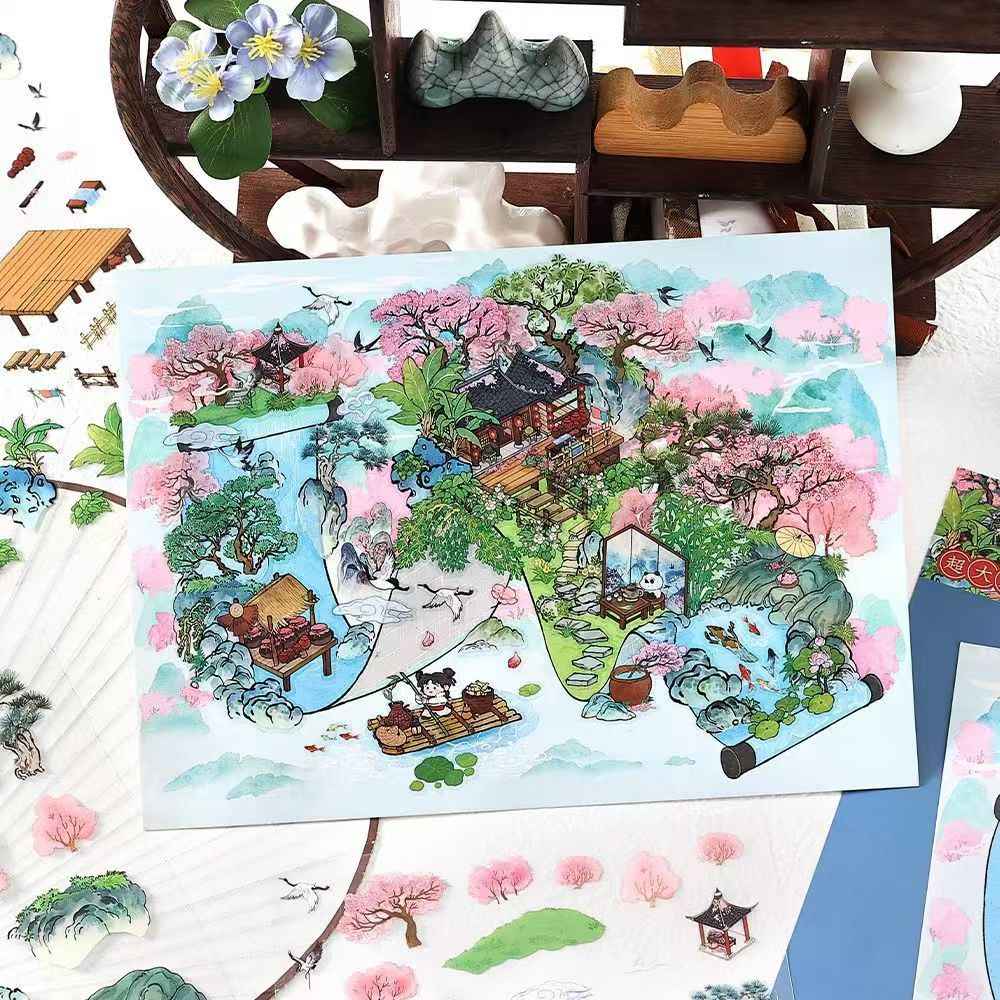Mountain and Water Series – Plus 3D Miniature Sticker Scenes - 2 Theme Sets: Mountain Peach Blossoms | Forest Trees