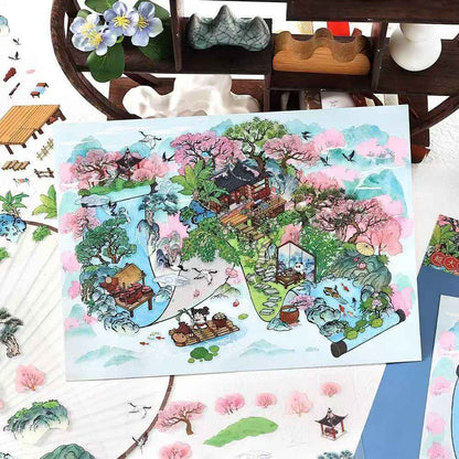 Mountain and Water Series – Plus 3D Miniature Sticker Scenes - 2 Theme Sets: Mountain Peach Blossoms | Forest Trees