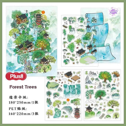 Mountain and Water Series – Plus 3D Miniature Sticker Scenes - 2 Theme Sets: Mountain Peach Blossoms | Forest Trees