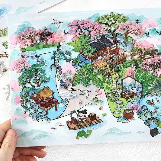 Mountain and Water Series – Plus 3D Miniature Sticker Scenes - 2 Theme Sets: Mountain Peach Blossoms | Forest Trees