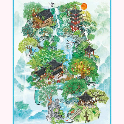 Mountain and Water Series – Plus 3D Miniature Sticker Scenes - 2 Theme Sets: Mountain Peach Blossoms | Forest Trees