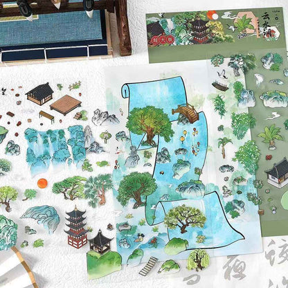 Mountain and Water Series – Plus 3D Miniature Sticker Scenes - 2 Theme Sets: Mountain Peach Blossoms | Forest Trees