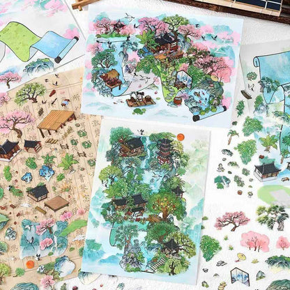Mountain and Water Series – Plus 3D Miniature Sticker Scenes - 2 Theme Sets: Mountain Peach Blossoms | Forest Trees