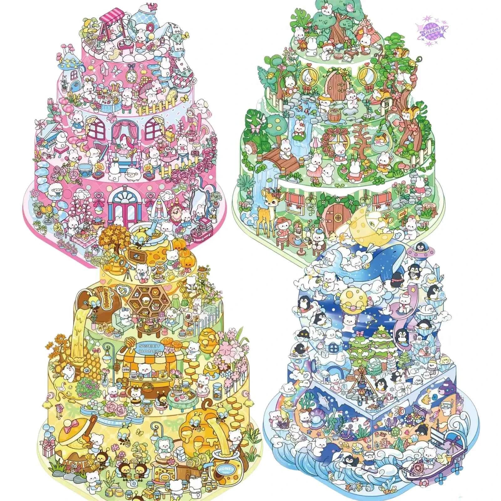 Cake Tea Party Series – 3D Miniature Sticker Scenes - 4 Theme Sets: Pink Villa | Starry Sea | Honey Cottage | Forest Cabin