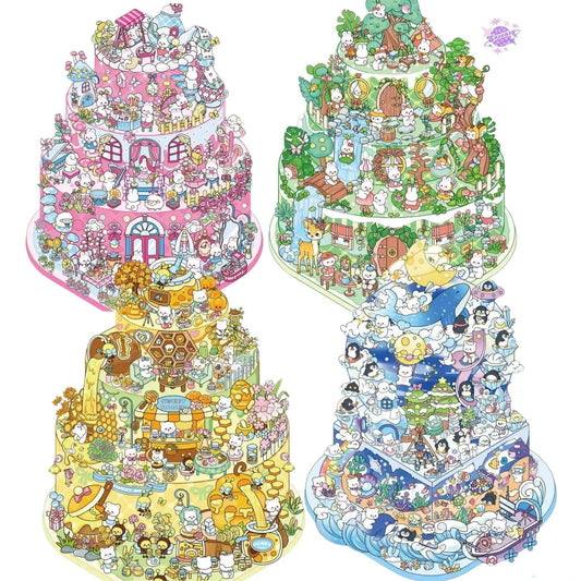 Cake Tea Party Series – 3D Miniature Sticker Scenes - 4 Theme Sets: Pink Villa | Starry Sea | Honey Cottage | Forest Cabin
