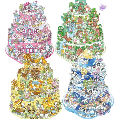 Cake Tea Party Series – 3D Miniature Sticker Scenes - 4 Theme Sets: Pink Villa | Starry Sea | Honey Cottage | Forest Cabin