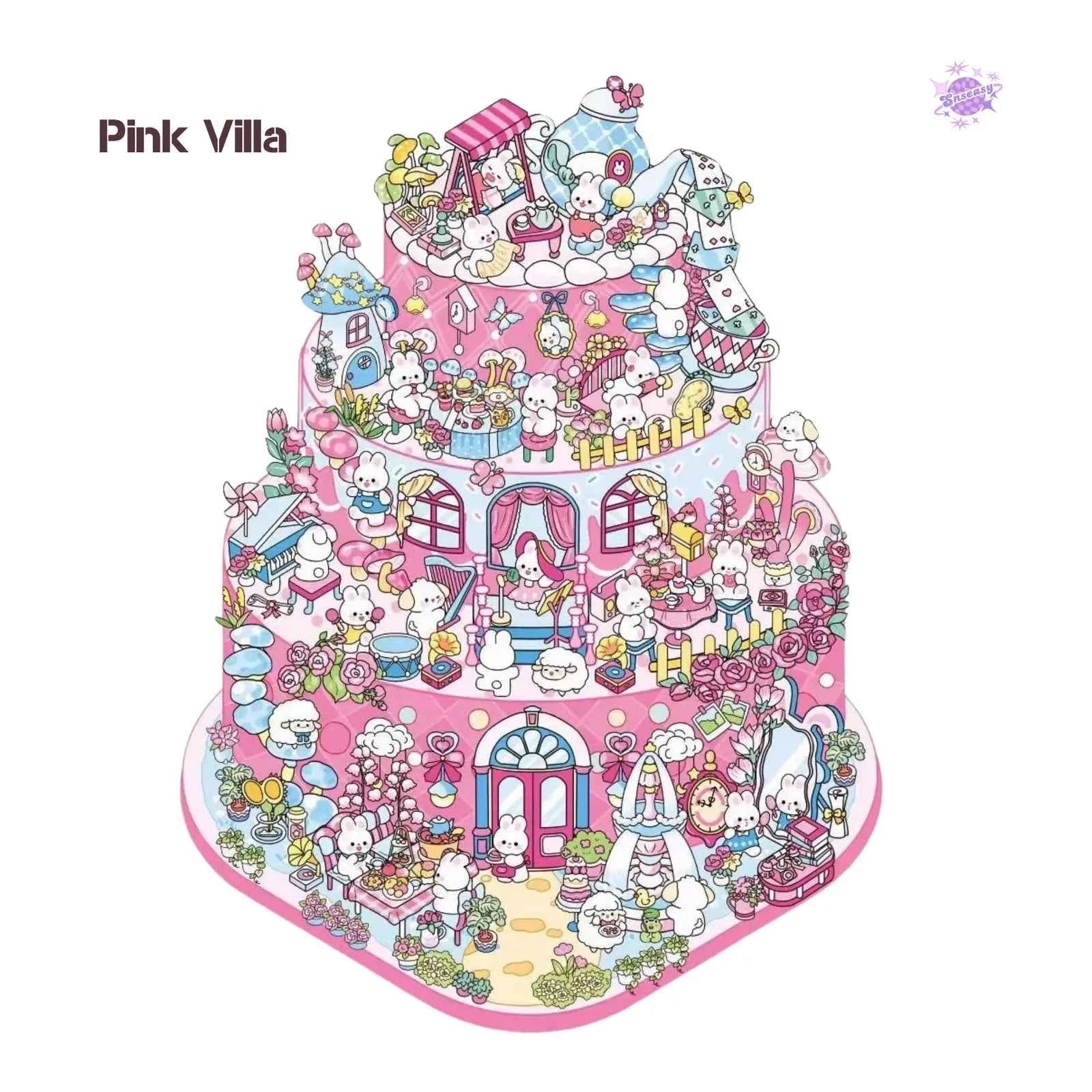 Cake Tea Party Series – 3D Miniature Sticker Scenes - 4 Theme Sets: Pink Villa | Starry Sea | Honey Cottage | Forest Cabin
