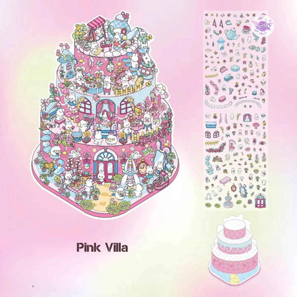 Cake Tea Party Series – 3D Miniature Sticker Scenes - 4 Theme Sets: Pink Villa | Starry Sea | Honey Cottage | Forest Cabin