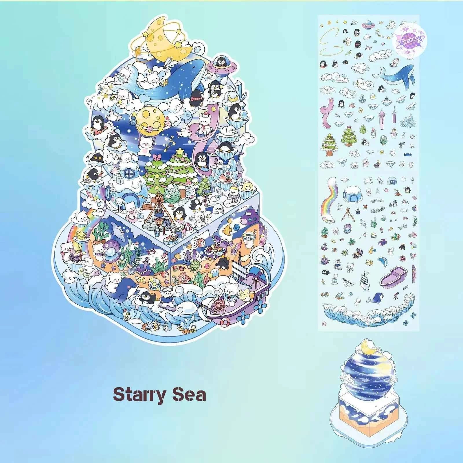Cake Tea Party Series – 3D Miniature Sticker Scenes - 4 Theme Sets: Pink Villa | Starry Sea | Honey Cottage | Forest Cabin