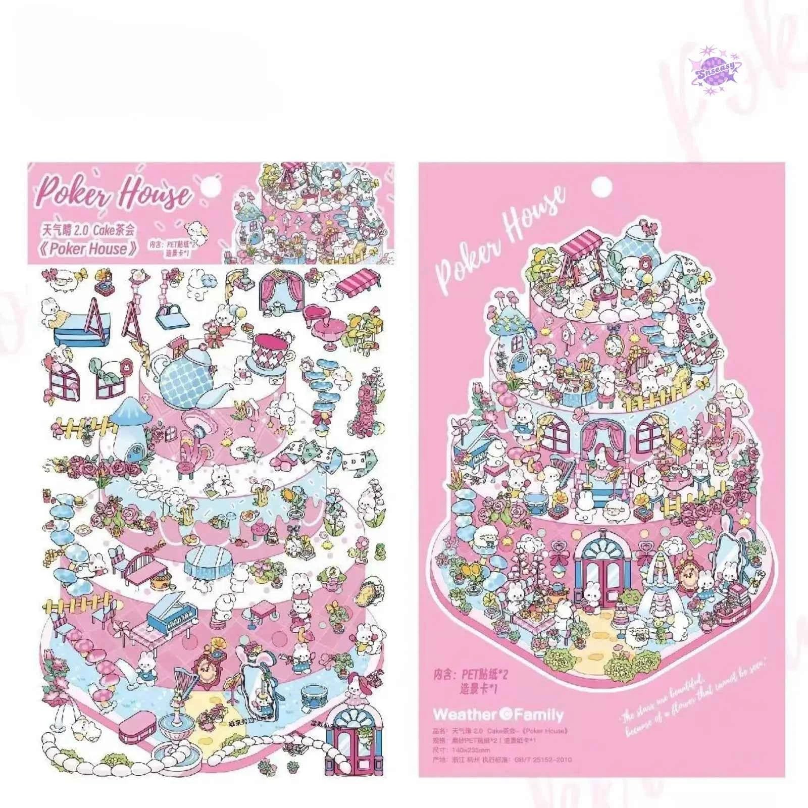 Cake Tea Party Series – 3D Miniature Sticker Scenes - 4 Theme Sets: Pink Villa | Starry Sea | Honey Cottage | Forest Cabin