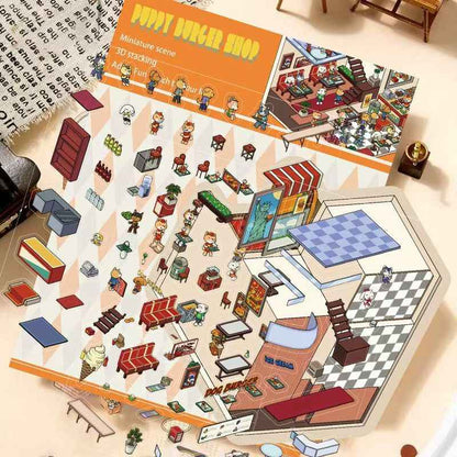 Tea Cup World – 3D DIY Miniature Sticker Scenes - 4 Theme Sets: Tea Cup World | Ancient Style Landscaping | Chinese Wedding | Dog House Burger