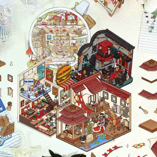 Tea Cup World – 3D DIY Miniature Sticker Scenes - 4 Theme Sets: Tea Cup World | Ancient Style Landscaping | Chinese Wedding | Dog House Burger