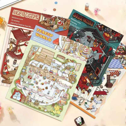 Tea Cup World – 3D DIY Miniature Sticker Scenes - 4 Theme Sets: Tea Cup World | Ancient Style Landscaping | Chinese Wedding | Dog House Burger