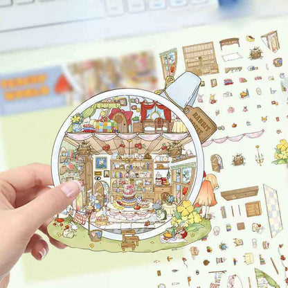 Tea Cup World – 3D DIY Miniature Sticker Scenes - 4 Theme Sets: Tea Cup World | Ancient Style Landscaping | Chinese Wedding | Dog House Burger