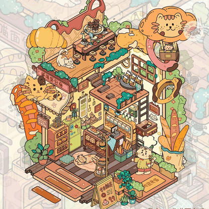 Happy Mini Mart – 3D Miniature Sticker Scenes - 5 Theme Sets: Photography Studio | Teahouse | Meow Burger Shop | Meow Bakery | Yoga & SPA