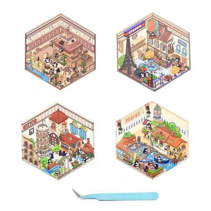 Penguin Travel Series – 3D DIY Miniature Sticker Scenes - 4 Theme Sets: Egyptian Penguin | French Penguin | Venetian Penguin | Italian Penguin