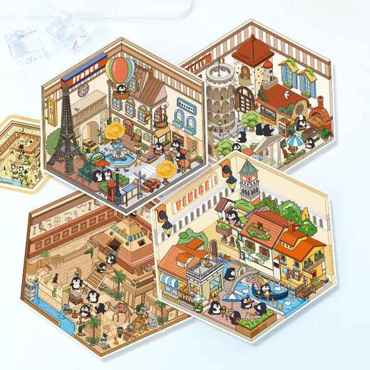 Penguin Travel Series – 3D DIY Miniature Sticker Scenes - 4 Theme Sets: Egyptian Penguin | French Penguin | Venetian Penguin | Italian Penguin