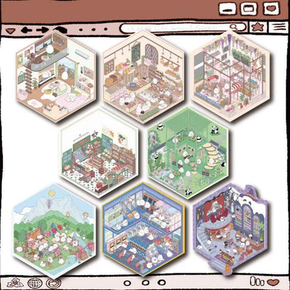 Cute Chick 3D Sticker Scenes - 12 Theme Sets: Coffee Flower | Panda Tea House | Bakery Shop | Apartment | Halloween | Outdoor Party | Snack Store | Arcade | Girls' Dormitory | Retro Hall | Public Bathhouse | Chinese Inn - SNSEASY