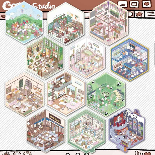 Cute Chick 3D Sticker Scenes - 12 Theme Sets: Coffee Flower | Panda Tea House | Bakery Shop | Apartment | Halloween | Outdoor Party | Snack Store | Arcade | Girls' Dormitory | Retro Hall | Public Bathhouse | Chinese Inn - SNSEASY