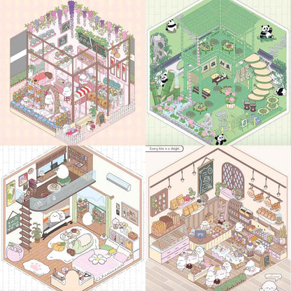 Cute Chick 3D Sticker Scenes - 12 Theme Sets: Coffee Flower | Panda Tea House | Bakery Shop | Apartment | Halloween | Outdoor Party | Snack Store | Arcade | Girls' Dormitory | Retro Hall | Public Bathhouse | Chinese Inn - SNSEASY
