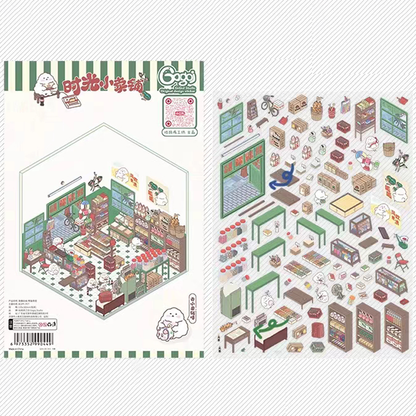 Cute Chick 3D Sticker Scenes - 12 Theme Sets: Coffee Flower | Panda Tea House | Bakery Shop | Apartment | Halloween | Outdoor Party | Snack Store | Arcade | Girls' Dormitory | Retro Hall | Public Bathhouse | Chinese Inn - SNSEASY