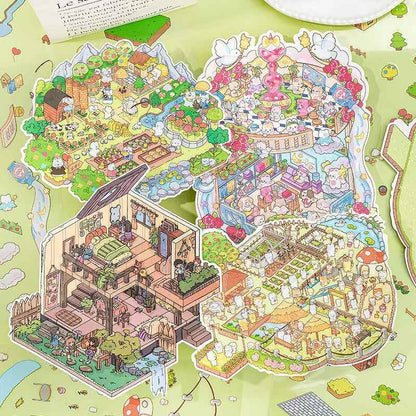Cute Animal 19.0 Plus – 3D DIY Miniature Sticker Scenes - 4 Theme Sets: Treasure Island Elves | Cat Farm | Dream Cottage | Rabbit Farm