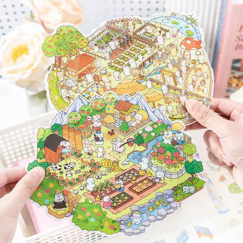 Cute Animal 19.0 Plus – 3D DIY Miniature Sticker Scenes - 4 Theme Sets: Treasure Island Elves | Cat Farm | Dream Cottage | Rabbit Farm