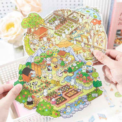 Cute Animal 19.0 Plus – 3D DIY Miniature Sticker Scenes - 4 Theme Sets: Treasure Island Elves | Cat Farm | Dream Cottage | Rabbit Farm