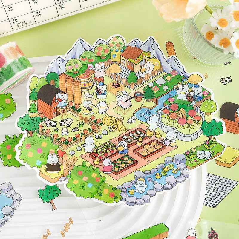 Cute Animal 19.0 Plus – 3D DIY Miniature Sticker Scenes - 4 Theme Sets: Treasure Island Elves | Cat Farm | Dream Cottage | Rabbit Farm