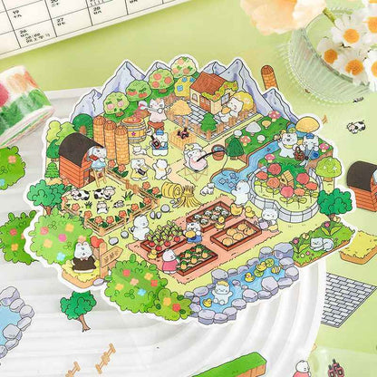 Cute Animal 19.0 Plus – 3D DIY Miniature Sticker Scenes - 4 Theme Sets: Treasure Island Elves | Cat Farm | Dream Cottage | Rabbit Farm
