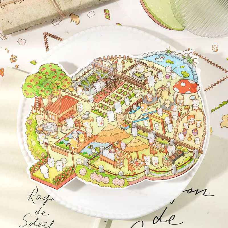 Cute Animal 19.0 Plus – 3D DIY Miniature Sticker Scenes - 4 Theme Sets: Treasure Island Elves | Cat Farm | Dream Cottage | Rabbit Farm