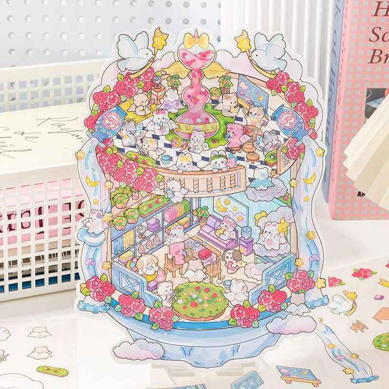 Cute Animal 19.0 Plus – 3D DIY Miniature Sticker Scenes - 4 Theme Sets: Treasure Island Elves | Cat Farm | Dream Cottage | Rabbit Farm