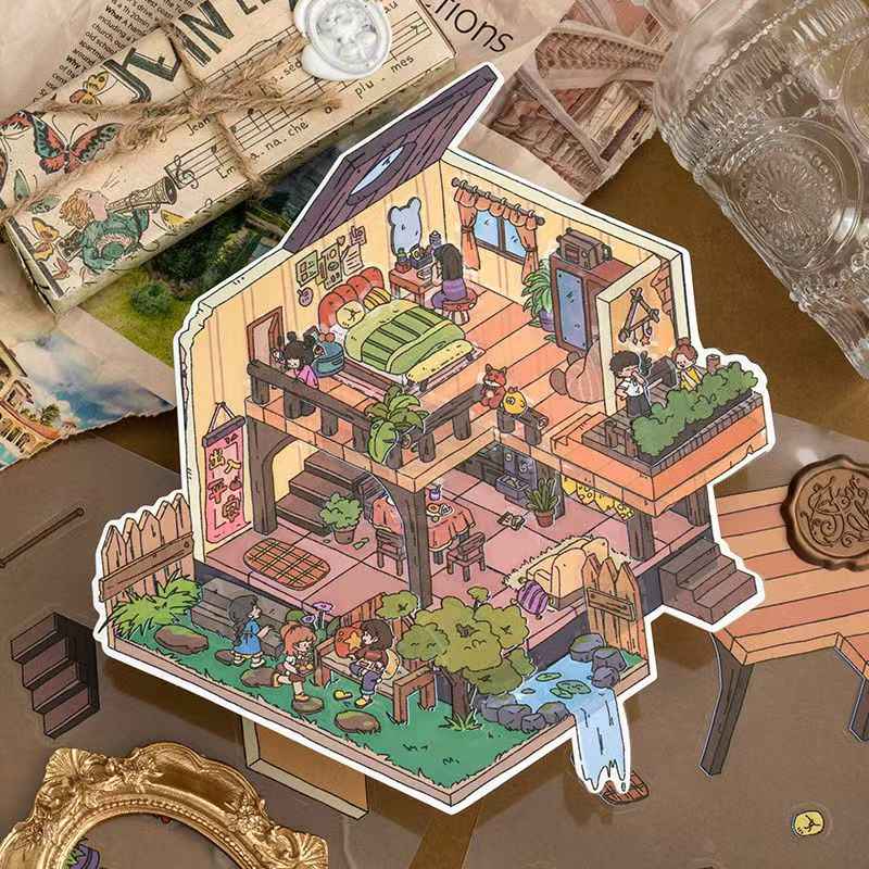 Cute Animal 19.0 Plus – 3D DIY Miniature Sticker Scenes - 4 Theme Sets: Treasure Island Elves | Cat Farm | Dream Cottage | Rabbit Farm