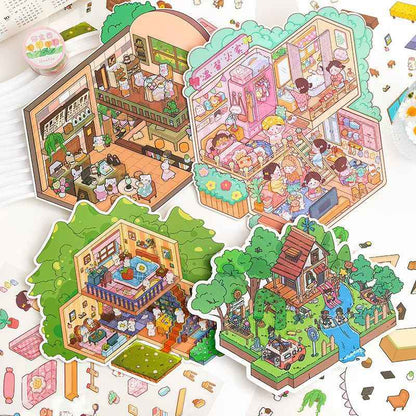 Leisure Cottage Plus – 3D DIY Miniature Sticker Scenes - 4 Theme Sets: Romantic Vacation | Forest Cottage | Cozy Home | Cat Café