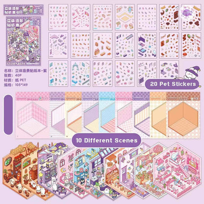 Cute Animals 3D Mini Scene Stickers Scrapbook – 20 Unique Themes: Pink Book (10 Themes) | Purple Book (10 Themes)