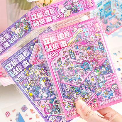 Cute Animals 3D Mini Scene Stickers Scrapbook – 20 Unique Themes: Pink Book (10 Themes) | Purple Book (10 Themes) - SNSEASY