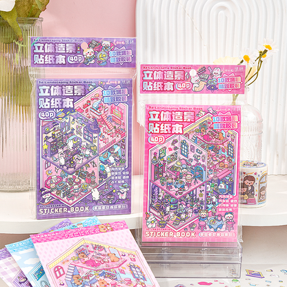Cute Animals 3D Mini Scene Stickers Scrapbook – 20 Unique Themes: Pink Book (10 Themes) | Purple Book (10 Themes) - SNSEASY