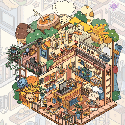 Happy Mini Mart – 3D Miniature Sticker Scenes - 5 Theme Sets: Photography Studio | Teahouse | Meow Burger Shop | Meow Bakery | Yoga & SPA