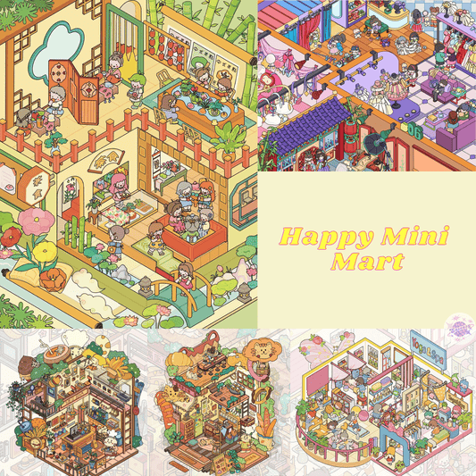 Happy Mini Mart – 3D Miniature Sticker Scenes - 5 Theme Sets: Photography Studio | Teahouse | Meow Burger Shop | Meow Bakery | Yoga & SPA