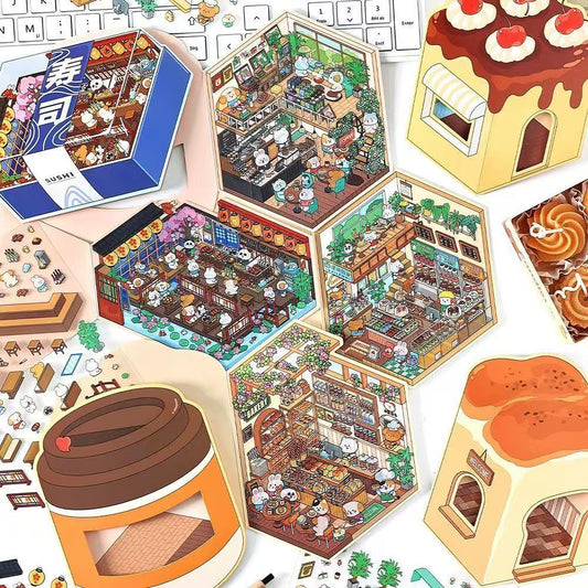 Animal Store – 3D Miniature Sticker Scenes &#8211; 4 Theme Sets Café Sushi Restaurant Dessert House Bak (